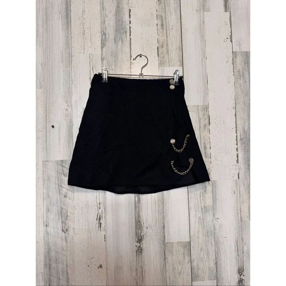 Black Mini Skirt XS Gold Chain Button Detail High Waist